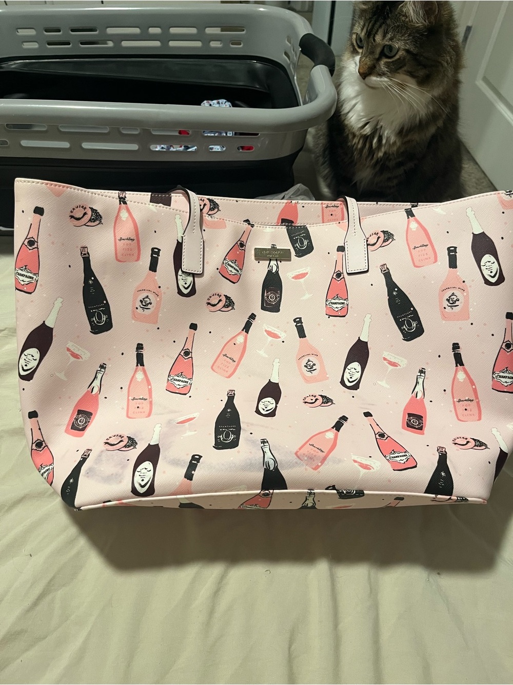 kate spade Pink and Black Champagne Bottle Print Tote